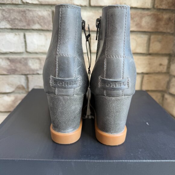 SOREL JOAN UPTOWN ZIP BOOTIE 11 Women's Wedge Boot Grey Waterproof Leather New - Picture 7 of 11